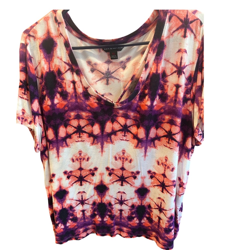 Rock & Republic Tie Dye V Neck Short Sleeve Top - Bohemian Style